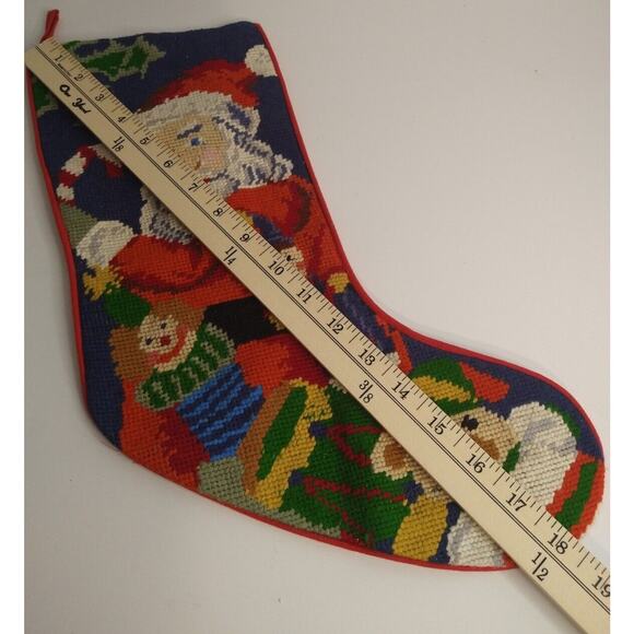 Vintage Needlepoint Santa Christmas Stocking 18" w/ Toys & Teddy Bear - Picture 4 of 8